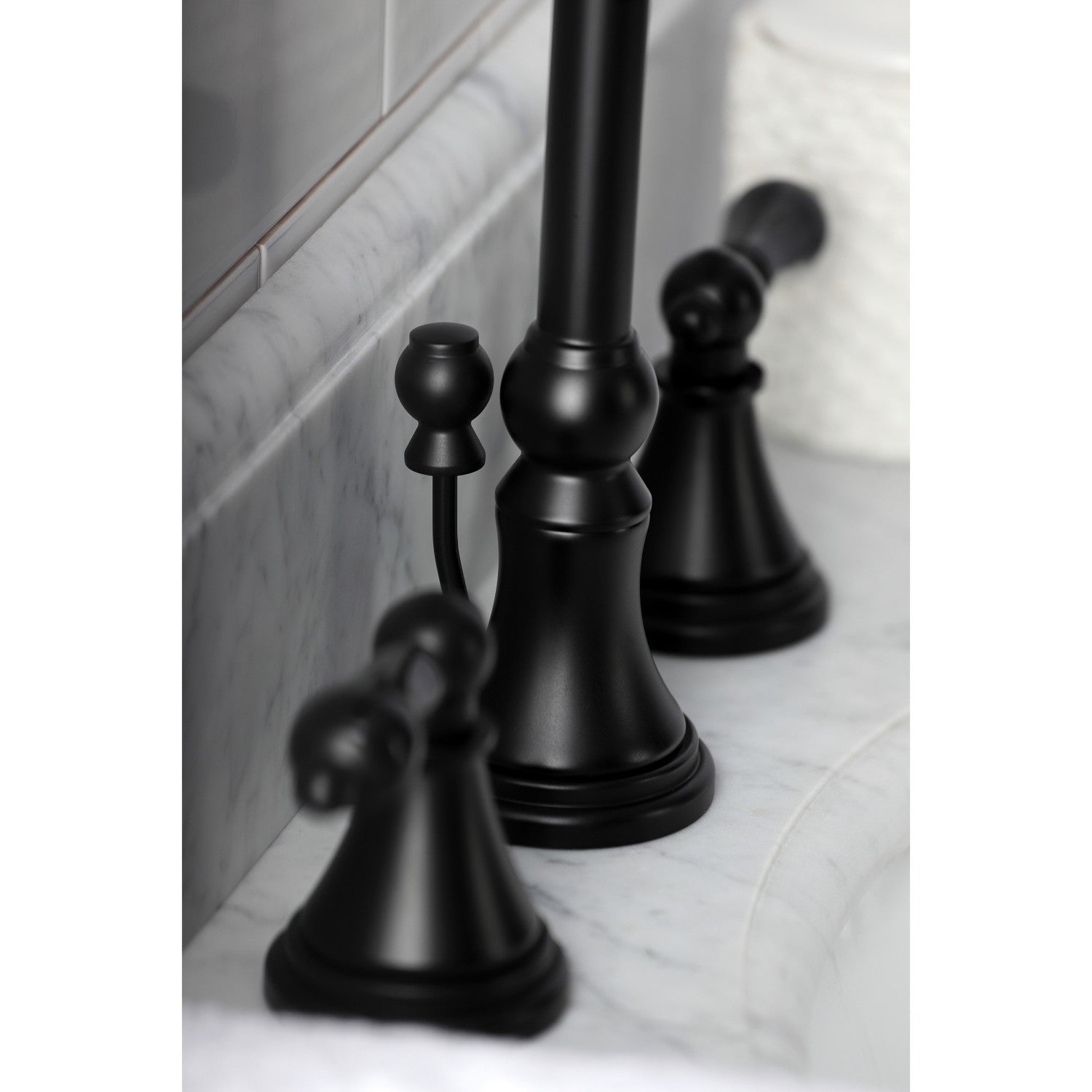 Kingston Tulare KS2980PKL - Duchess Two-Handle 3-Hole Deck Mount Widespread Bathroom Faucet with Brass Pop-Up, Matte Black — thumbnail 3